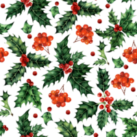 Watercolor seamless pattern with holly leaves and rowan berries. Festive pattern for Christmas and New Year. Isolated. Drawn by hand. png