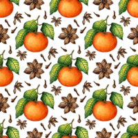 Watercolor painting pattern of ripe tangerines with green leaves and spices cinnamon, cloves. Seamless repeating juicy citrus print. Winter seasonal fruits. Vitamin food isolated. hand-drawn. png