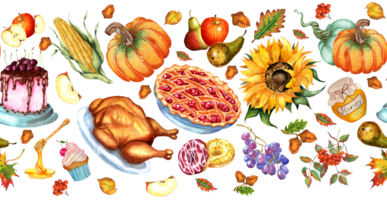 Seamless horizontal food pattern for the holiday. Thanksgiving Day. Sweets, vegetables, fruits and baked poultry. Watercolor illustration isolated. hand-drawn. png