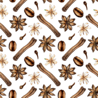 Watercolor painting spice pattern with stars, cinnamon sticks, cloves, coffee beans. Seamless repeating print with cinnamon bark and spice flowers. A fragrant ingredient for baked goods or coffee. png