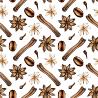 acuarela pintura especia modelo con estrellas, canela palos, clavos de olor, café frijoles. sin costura repitiendo impresión con canela ladrar y especia flores un fragante ingrediente para horneado bienes o café. png