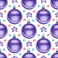 Watercolor painting of lilac Christmas balls and stars. Seamless repeating print New Year, Christmas for design. Isolated . Drawn by hand. png