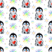 Watercolor painting pattern penguin and snowflakes. Seamless repeating holiday print for valentine's day, christmas and new year. Image for posters, wallpapers, banners, postcards. Isolated png