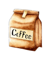 acuarela pintura Kraft bolso con café frijoles, Respetuoso del medio ambiente y seguro. tradicional embalaje para café. papel bolso con café frijoles. aislado. dibujado por mano. png