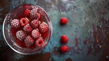 Elevated View of Frozen Strawberries in Blender photo