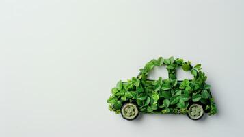 Car Made of Green Leaves on White Background photo