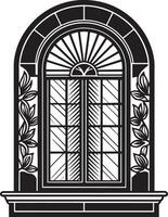 decorative window with flowers black and white illustration vector