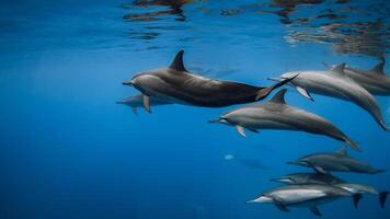 Dolphins swims underwater in blue sea. Dolphins family in ocean photo