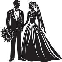 silhouette of bride and groom black and white illustration vector