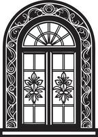 decorative window with flowers black and white illustration vector