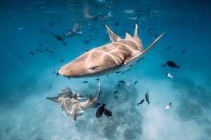 Nurse shark swims in tropical blue sea with sunny light. Swimming with shark photo