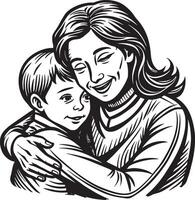 madre y hijo silueta negro y blanco ilustración vector