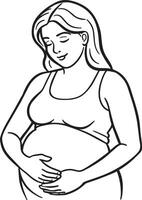 pregnant woman holding her belly black and white illustration vector