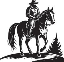 a black and white image of a cowboy on a horse. black and white illustration vector