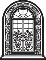 decorative window with flowers black and white illustration vector