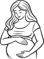 pregnant woman holding her belly black and white illustration vector