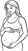 pregnant woman holding her belly black and white illustration vector