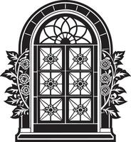 decorative window with flowers black and white illustration vector
