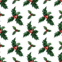 Watercolor painting pattern of green holly branch with berries. Seamless repeating floral twigs print for Christmas and New Years. Isolated. Drawn by hand. png