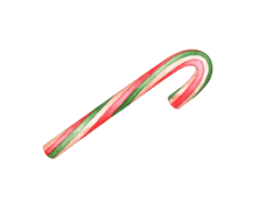 Candy in the shape of a candy cane, sweetness in bright and festive colors of red, white, green stripes watercolor illustration. Isolated from the background. For Christmas, New Year, holidays png