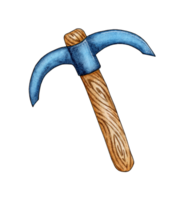 Pickaxe watercolor painting. Working tool for the extraction of precious stones and metals. Dig, mine, get. Isolated. Drawn by hand. png