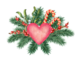 Watercolor illustration of a pink heart decorated with fir branches, holly branches, ilex, mistletoe and candy canes. Decor for Christmas, New Years and Valentine's Day. Isolated. Drawn by hand. png