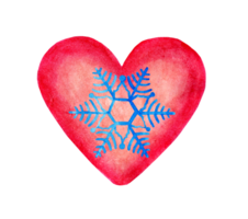 Watercolor illustration of a pink heart with a blue snowflake in the center. Winter holiday illustration for Rozhdenstvo, New Years or Valentine's Day. Isolated. Drawn by hand. png