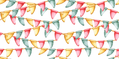 Triangular flags of yellow, red and green colors, garland on a string pattern watercolor illustration. Isolated from background for universal use in greetings, invitations, decor and advertising. png