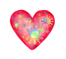 Watercolor illustration of a pink heart decorated with rainbow snowflakes. I like winter Isolated. Drawn by hand. png
