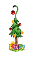 Watercolor comic Christmas tree decorated with red and yellow balls, and under it are boxes with gifts. Holidays Christmas and New Year. Isolated. Drawn by hand. png