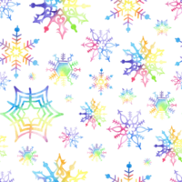 Watercolor seamless pattern multicolored snowflakes. Iridescent snow decor repeating illustration. Winter, Christmas, New Year. Isolated. Drawn by hand. png