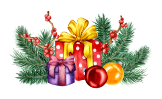 Watercolor illustration of boxes with gifts in fir branches, holly, ilex and Christmas decorations. Festive illustration for Christmas and New Year. Isolated. Drawn by hand. png