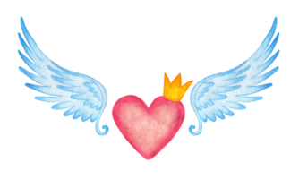 Watercolor illustration of a pink heart in a crown with angel wings. Postcard for valentine's day, wedding or other holiday. Isolated . Drawn by hand. png