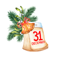Aquarell Illustration von ein Kalender mit abreißen Seiten und das Datum von Dezember 31, dekoriert mit Tanne Geäst, Mistel und Glocken mit ein Bogen. Urlaub, Neu Jahr. isoliert . gezeichnet durch Hand. png