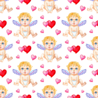 Watercolor painting pattern angel and hearts. Seamless repeating print for Valentine's Day, Wedding, Birthday. Wrapping paper, print, decor. Isolated. Drawn by hand. png