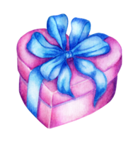 acquerello rosa scatola nel il forma di un' cuore con un' blu arco. i regali per amato quelli, San Valentino giorno, Natale, nuovo anno, compleanno. isolato. disegnato di mano. png