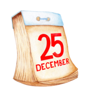 Watercolor illustration of tear-off old calendar with turned pages and the date of December 25. Holiday Christmas written in red. Isolated. Drawn by hand. png