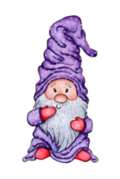 Watercolor painting of a gnome in lilac clothes. Illustration of a fairytale hero in a Scandinavian style. Illustration for clothing, packaging, gifts, cards, posters and stationery. Isolated png