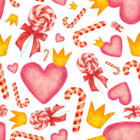 Watercolor seamless romantic pattern. Pink hearts, crowns, lollipops, sweets. Delicate repeating background. Isolated. drawn by hand. png