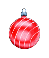 Watercolor painting of a red glass ball with a stripe. New Year's ball for decorating a Christmas tree, festive decor for Christmas and New Year. Isolated. Drawn by hand. png