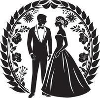 silhouette of bride and groom black and white illustration vector