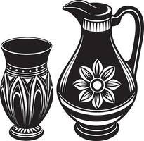 Decorative jug and Mug illustration black and white vector