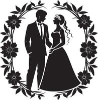 silhouette of bride and groom black and white illustration vector