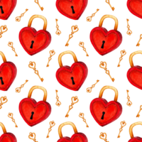 Stylish watercolor pattern for Valentine's Day. An abstract composition of elements that express love. Red closed lock and gold key. Isolated. Drawn by hand. png