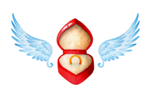 Watercolor painting Wedding ring in a red box and angel wings. Wedding proposal and love concept. Valentine's Day. Isolated. Drawn by hand. png