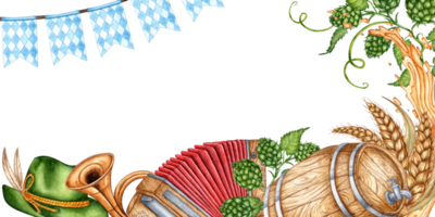 Oktoberfest banner isolated on background watercolor illustration. Traditional holiday elements Bavarian hat, beer mug, barrel, accordion, goon, holiday flags, wheat, hop leaves and beer splashes. png