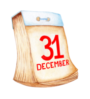 Watercolor illustration of an old calendar with tear-off pages and the date of December 31 in red. Holiday New Years day isolated. Drawn by hand. png