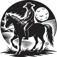 a black and white image of a cowboy on a horse. black and white illustration vector