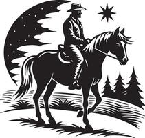 a black and white image of a cowboy on a horse. black and white illustration vector