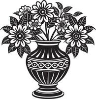 florero con flores ilustración negro y blanco vector